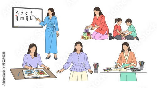 Teacher's Passion and Dedication: A group of female educators engaged in a variety of activities, representing their devotion and passion. The scene depicts education. 