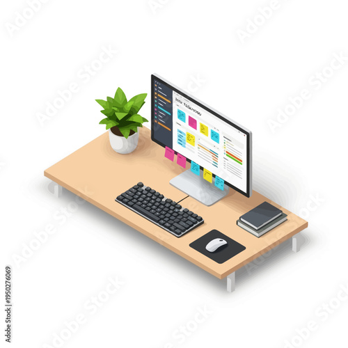 Isometric desk with computer, keyboard, mouse, plant, and sticky notes on screen