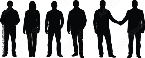 Business people silhouettes set including handshake pose, professional men and woman standing figures, corporate teamwork partnership concept vector illustration