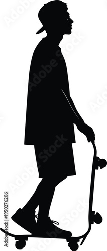 Teenager Skateboarder Silhouette Carrying Skateboard On White Background For Urban Youth Culture Lifestyle Streetwear Design Extreme Sports Promotion And Minimalist Active Man Graphic Illustration