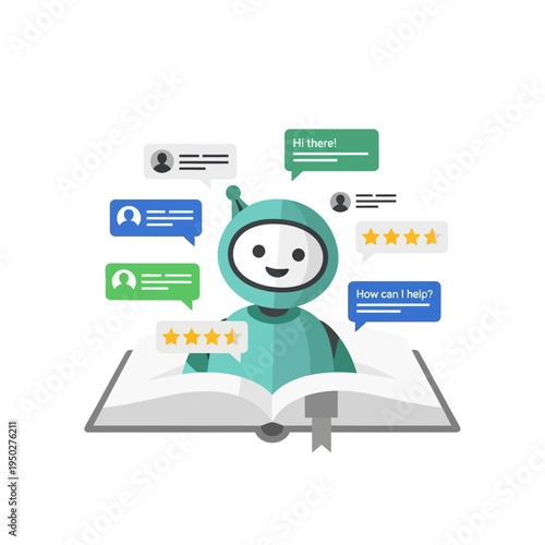 Friendly robot assistant emerging from an open book, offering help and support