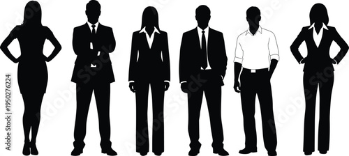 Business people silhouettes set, professional men and women standing poses, corporate team concept, office workers isolated, leadership group illustration