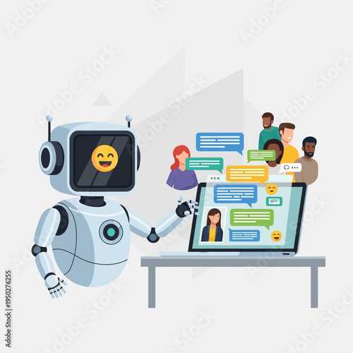 Friendly robot chatbot interacting with diverse people via laptop, communication concept