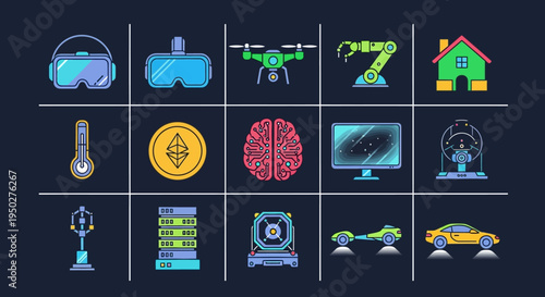 Futuristic Technology Icons: AI, VR, Drones, Robotics, Smart Home, Crypto, IoT