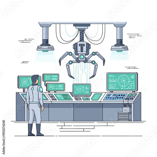 Futuristic Control Room with Robotic Arm and Scientist Monitoring Technology