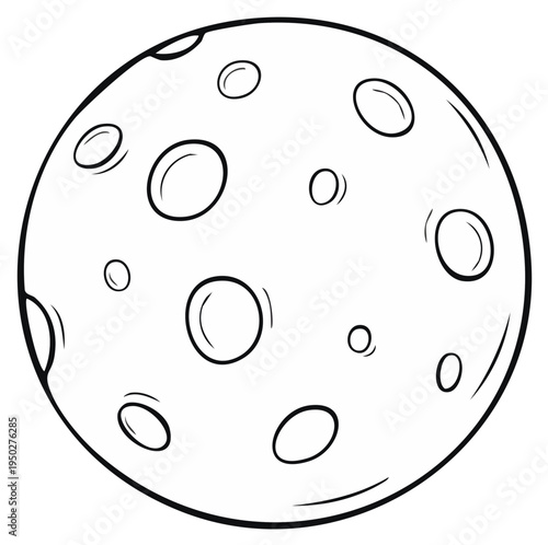 Cartoon style moon with visible craters simple black and white outline drawing for coloring book