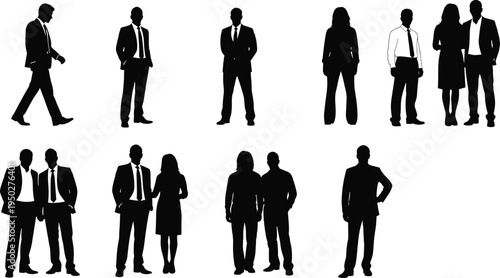 business, people, silhouettes, corporate, professionals, team, office, workers, standing, group, leadership, management, businesspeople, isolated, black, illustration, set, teamwork, company, staff