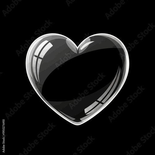 Glossy Black Heart Shape Bubble Floating on Black Background, Love Symbol