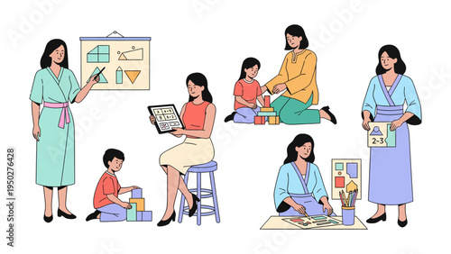 Nurturing Young Minds: A collection of educators and children engaged in diverse learning activities, showcasing the joy of education and the nurturing environment. 