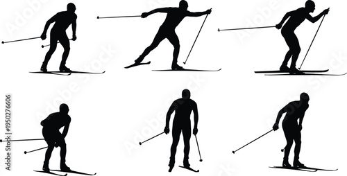cross country skiing, skier, winter sport, snow, athlete, silhouette, ski, movement, action, outdoor, recreation, alpine, competition, isolated, black, vector, illustration, activity, training, set