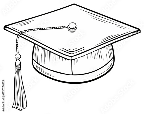 Outline drawing of a traditional academic graduation cap mortarboard with tassel