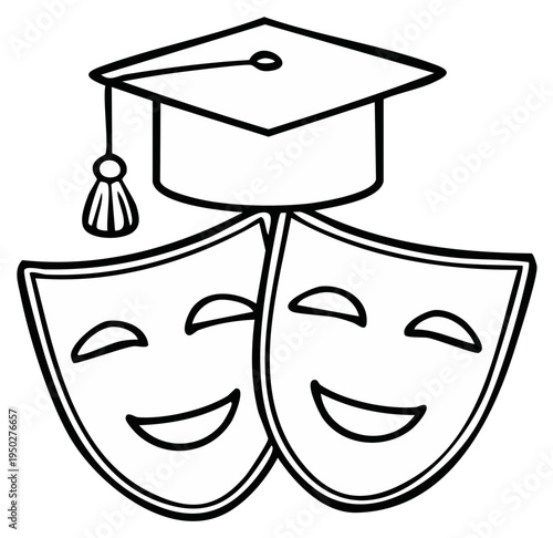 Graduation mortarboard sits atop theatrical drama masks outline line art illustration