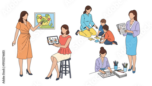 Diverse Women in Daily Activities: A collage of women engaged in various tasks, including teaching, learning, art, and childcare, illustrating their multifaceted roles and contributions to society.