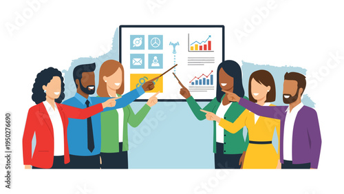 Collaborative Presentation: A diverse group of colleagues engages in a dynamic presentation, utilizing pointer sticks to highlight key data and ideas on a screen.