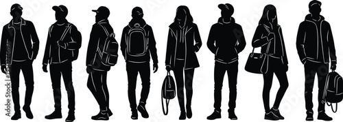 diverse, students, silhouettes, standing, backpacks, urban, youth, people, casual, fashion, college, group, isolated, black, shadow, figures, modern, lifestyle, illustration, set
