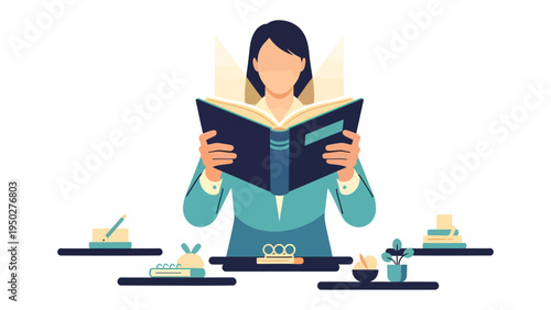 Literary Escape: A studious woman is engrossed in a book, seated amidst a thoughtfully arranged workspace, each element contributing to an atmosphere of focused contemplation.