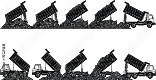 Dump truck unloading gravel sequence silhouettes, construction tipper truck vector set, heavy transport vehicle illustration isolated on white background