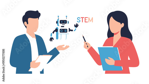 STEM Educators Discussing a Robot: A pair of educators passionately discuss a digital robot in a science, technology, engineering, and mathematics setting, which inspires innovative thoughts.