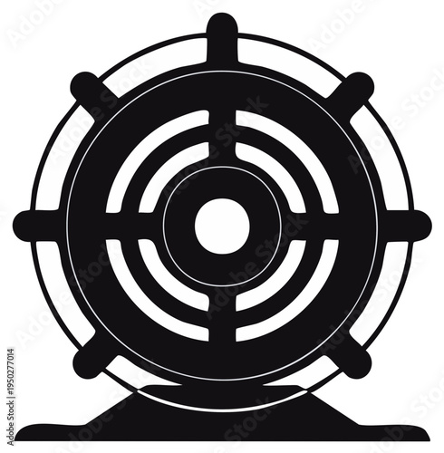 Stylized Dharma Wheel, black and white icon of a Buddhist spiritual symbol