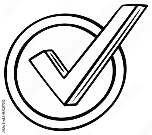Checkmark Icon Illustration: Round Vector Tick, Black Outline Symbol for Approval, Verification, and Selection