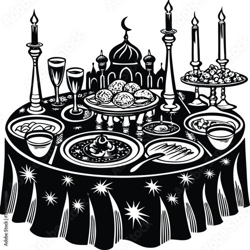 Vector illustration of a Ramadan or Eid table setting with mosque background