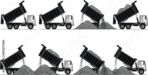 Dump truck unloading gravel silhouettes sequence, construction tipper truck vector illustration set, heavy transport vehicle isolated on white background