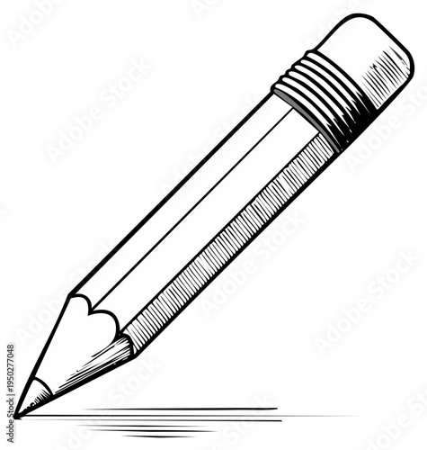 Black and white sketch of a pencil drawing a line, with eraser and sharpening marks.