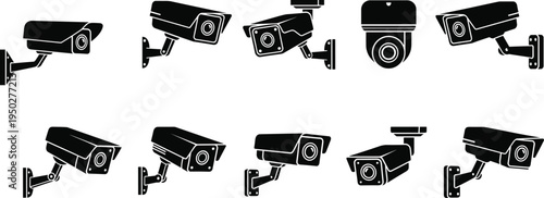 Assortment of black security surveillance camera icons on white background security camera cctv