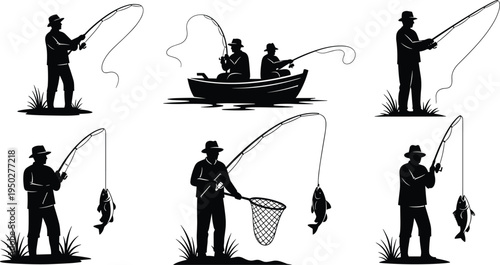 Fisherman silhouette fishing collection, angler catching fish, lake boat fishing activity, outdoor hobby vector set illustration, isolated black icons bundle