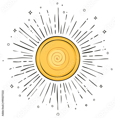 Hand drawn sun with rays and spirals in a cartoon style for weather themes