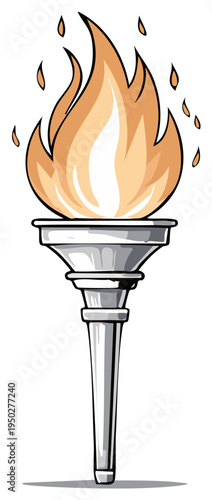 Burning torch cartoon illustration. Fiery torch with flame symbol of light and hope.