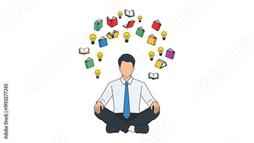 Brainstorming Intellectual: A man sits cross-legged, immersed in a whirlwind of ideas. A visual representation of knowledge, innovation, and creative thinking.