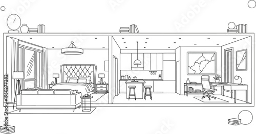 Black and white line art depiction of a modern studio apartment layout featuring distinct living sleeping kitchen and office zones