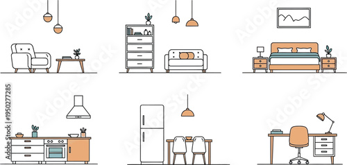 Minimalist vector illustrations showcasing essential furniture and appliance elements for different household rooms in a modern, clean style.