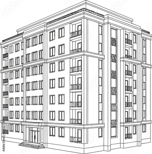 Detailed exterior wireframe drawing of a classical multi-story residential apartment building elevation design