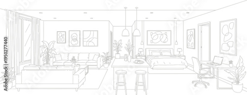 Line art sketch depicting a modern open concept studio apartment layout with living and sleeping areas