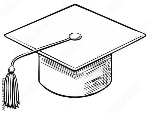 Traditional graduation cap with tassel black and white line art