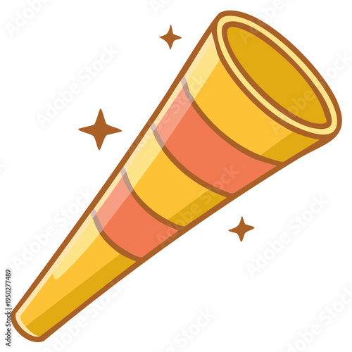 Golden striped telescope cartoon icon with sparkles for adventure vision and discovery