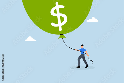 Businessman Federal Reserve or government attempting to deflate large inflation balloon