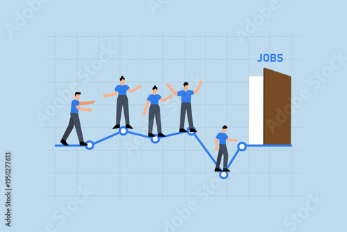 Unemployment rate, Entrepreneurs stand in line on graph of unemployment, seeking employment opportunities.
