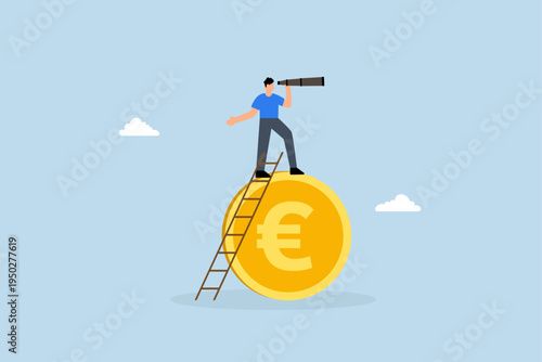 Europe economy forecast, Businessman investor ascends ladder on Euro coin while using telescope to gain better insight
