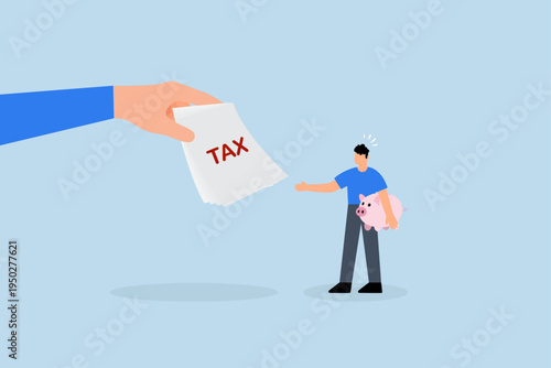 Tax burden or debt to pay for income tax, Businessman holding piggy bank and examining tax invoices.