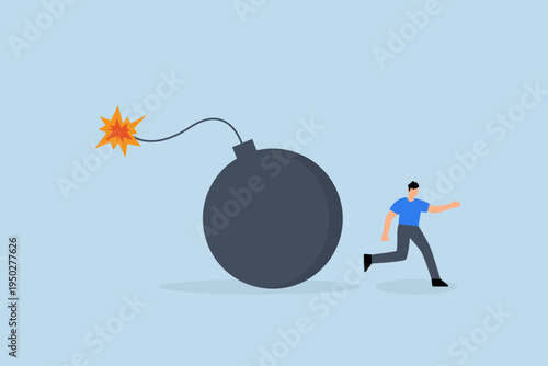 interest rate causing economic recession, Businessman investor fleeing from exploding growth rate bomb