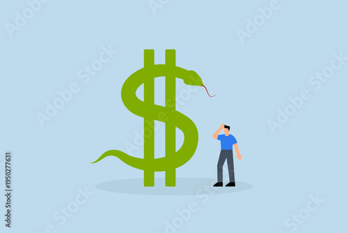 Financial risk, Entrepreneurial investor examining large snake-shaped dollar sign and contemplating with caution
