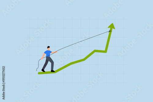 Increase sales or investment profit,  Entrepreneur exerting maximum effort to boost performance graph upward