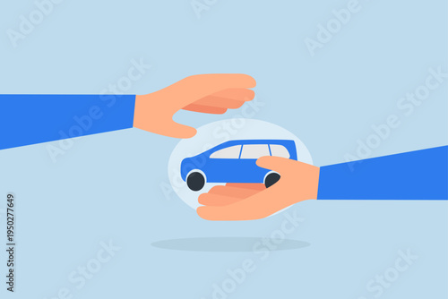 Car insurance, Businessman hand softly resting on car serves as metaphor for car insurance