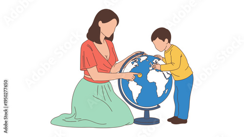 Mom and Son Exploring the World: A mother and son share a moment of discovery as they examine a globe together. This illustration captures the spirit of exploration and family connection.