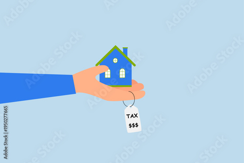 Property tax, Businessman hand holding house with price tags indicating property tax to be paid in dollars