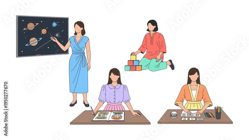 Education and Creativity: A collection of images portraying an educator demonstrating the solar system and students at play. The images show moments of learning, exploration, and self-expression. 