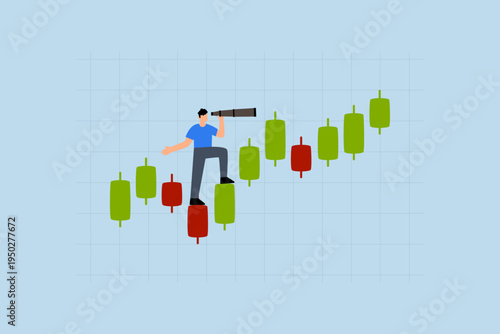 Investment forecast, Businessman investor observing trading candlestick chart through spyglass